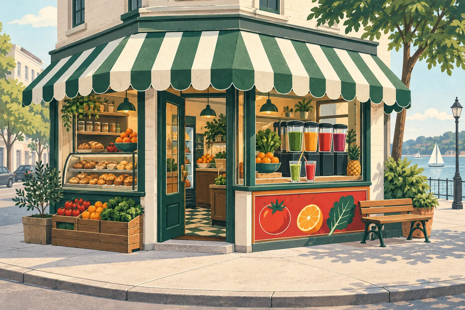 Illustrative concept image: corner deli storefront with green awning in the morning