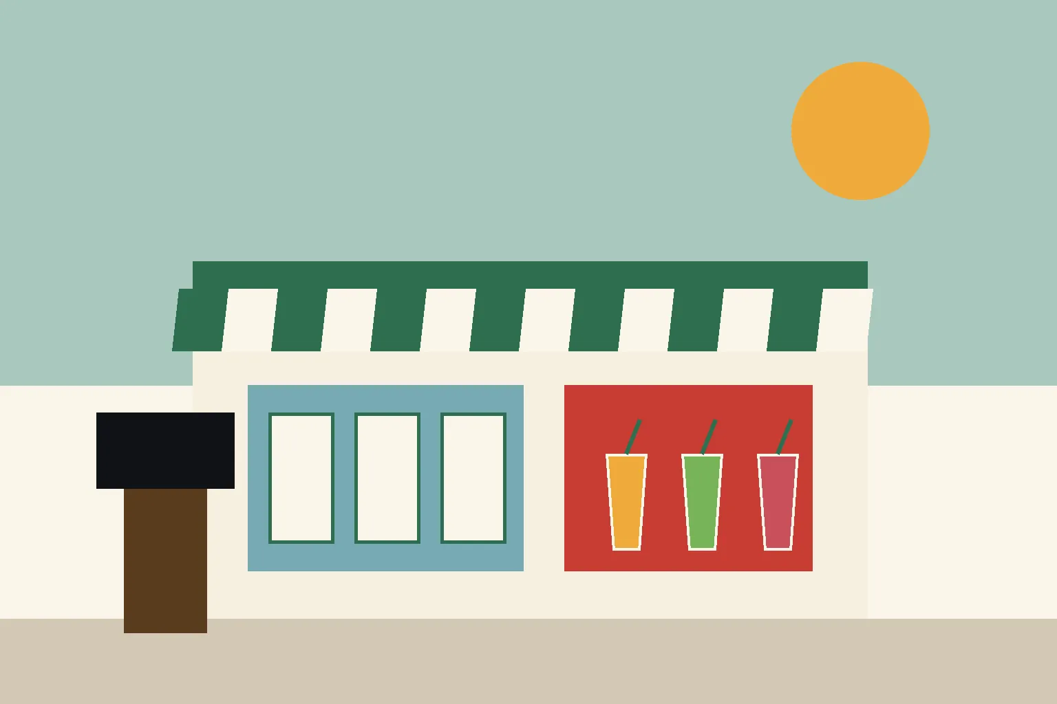 Illustrative concept image: corner deli storefront with green awning in the morning